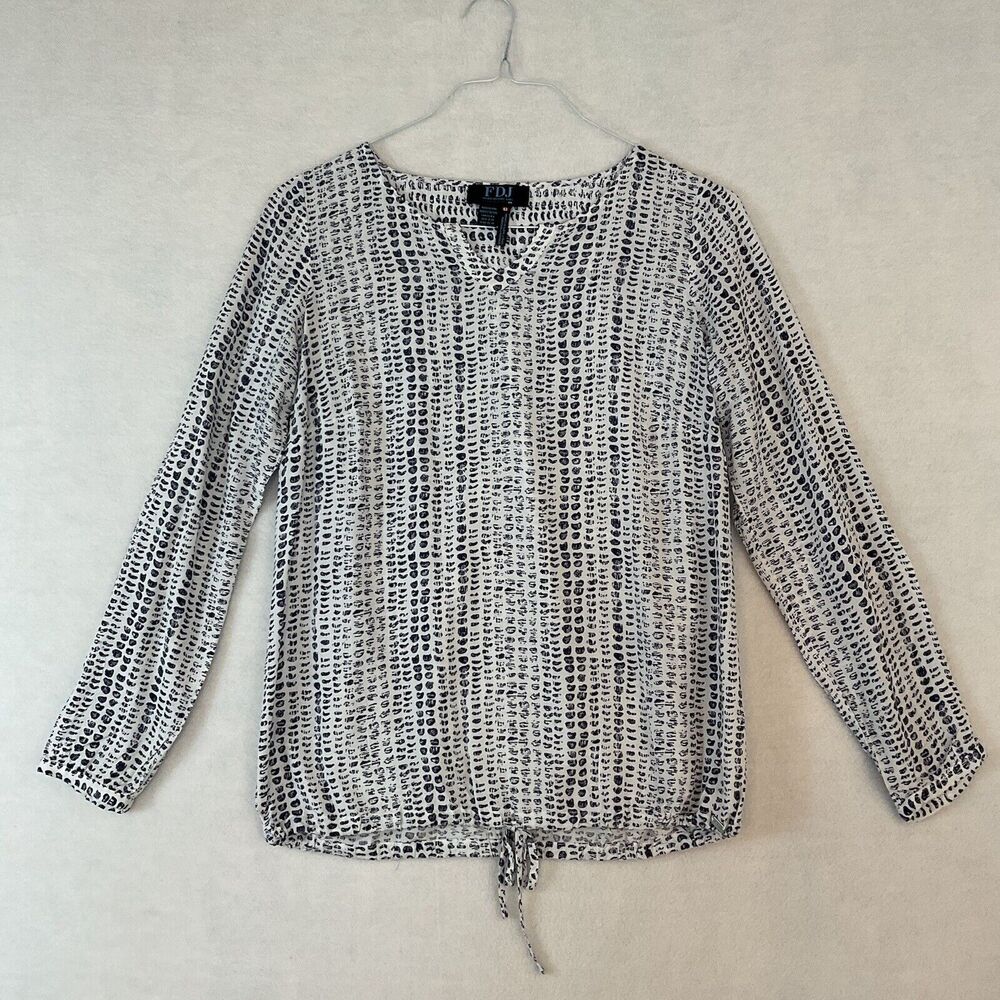 French Dressing Jeans Top FDJ Womens 6 Blue White Dots Long Sleeves Viscose‎